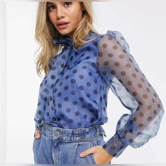 PrettyLittleThing Tops - PrettyLittleThing Light blue polka dot Exlusive Organza Shirt with puff sleeves